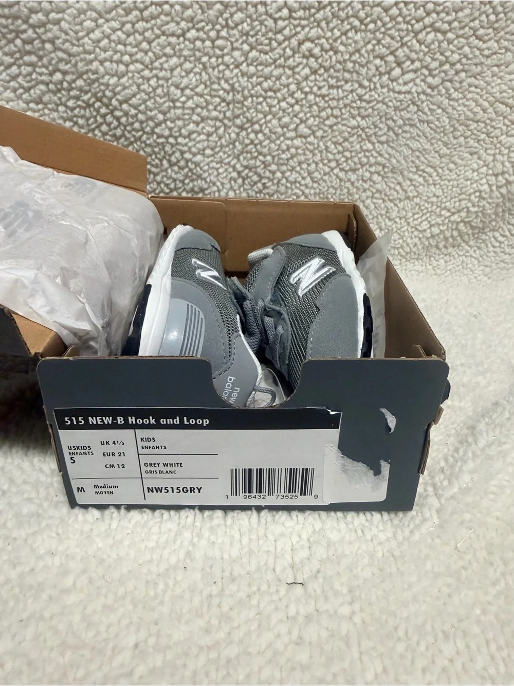 New Balance 515 Hook And Loop Toddler Grey Velcro Mesh & Suède Sneakers